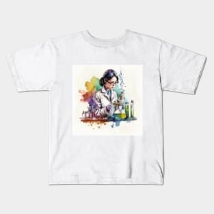 Watercolor illustration of Woman scientist working in the lab Kids T-Shirt